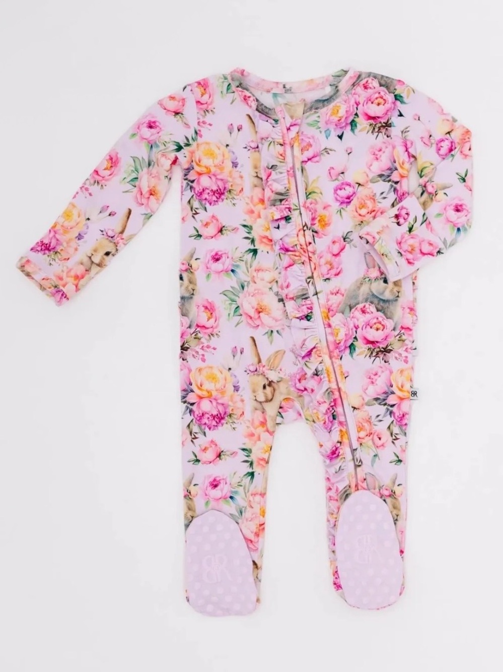 Bums & Roses Baby Girl Natural Bamboo Ruffle Footie, Somebunny Special - 9-12M